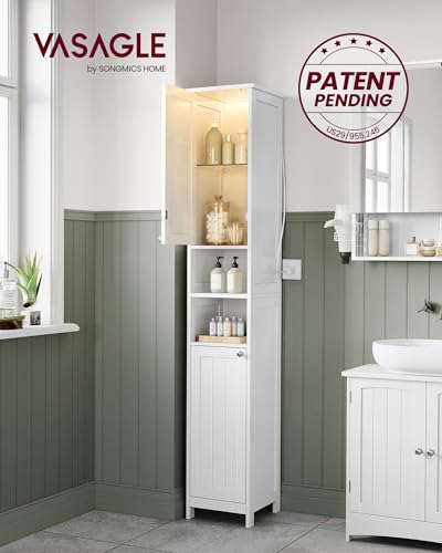 Tall Storage Cabinet with Lights, Slim Freestandin... (Cloud White | Engineered Wood)