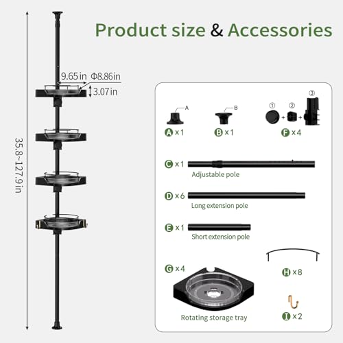 akinbas 360° Rotating Shower Caddy Tension Pole with 4-Tier Rustproof Lazy Susan 35-128 Inch No Drilling Coner Shelves Adjustable Shower Rack for Bathroom Bathtub Washbasin Plant Storage (Black)