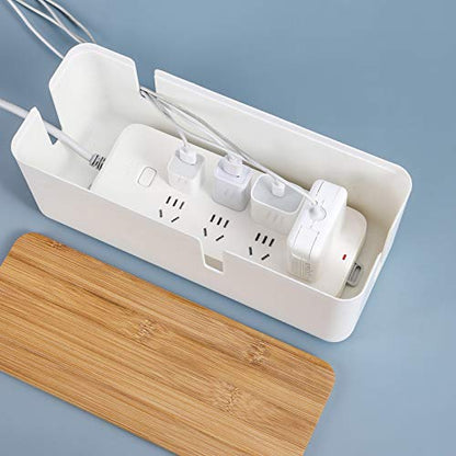 Changsuo Small Cable Management Box with Bamboo Lid for Extension Cord Power Stripe Surge Protector Wire Concealer Organizer Cover Hider (White)
