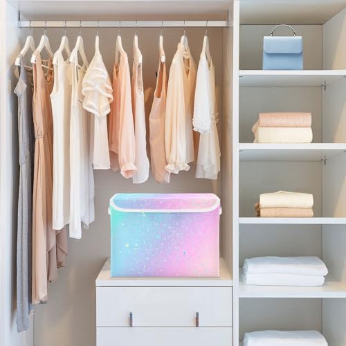 Large Collapsible Storage Bins with Lids, Unicorn Background with Rainbow Storage Baskets Organizer Containers with Handles for Clothes