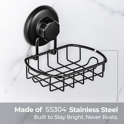 HASKO 2 Pack Suction Cup Soap Dish for Shower Wall, Rustproof Stainless Steel, Shower Soap Holder with Hooks, Includes Optional No Drill Adhesive Mount for Bathroom, 2 Soap Savers, Black