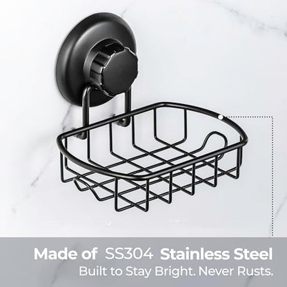 HASKO 2 Pack Suction Cup Soap Dish for Shower Wall, Rustproof Stainless Steel, Shower Soap Holder with Hooks, Includes Optional No Drill Adhesive Mount for Bathroom, 2 Soap Savers, Black