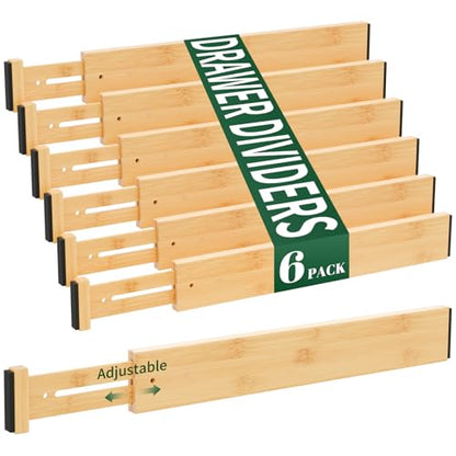 Dunruz Bamboo Drawer Dividers 2.6" High,17"-20" Adjustable Spring Loaded Clothes Drawer Organizers for Kitchen, Dresser, Bathroom, Bedroom and Office