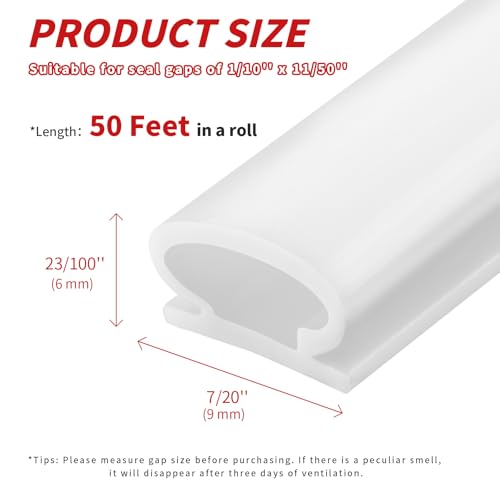 50 Feet D-Shape Rubber Weather Stripping Door Seal Strip, Self-Adhesive Backing Door Weatherstripping for Door Frame Insulation Large Gap, Easy Cut to Size with Tailor Scissors(White)