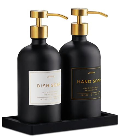 Glass Soap Dispenser Set of 2 (Black) with Silicone Tray | Hand and Dish Soap Dispenser for Kitchen and Bathroom | 16.8 Oz Glass Bottles with Stainless Steel Pump & 15 Waterproof Labels (Black/Gold)