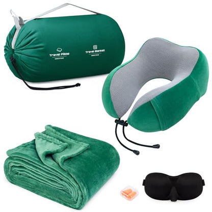 Travel Pillow and Blanket Set Neck Pillows Travel Essentials with Sleep Mask for Airplane Car Memory Foam Green