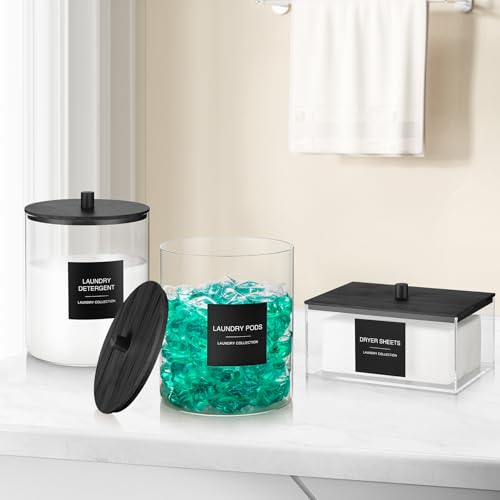 Acrylic Dryer Sheet Holder with Lid, Clear Laundry Sheets Container with 27 Labels, Laundry Pods Storage for Laundry Room Organization - Black