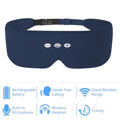 ALASKA BEAR Bluetooth Eye Mask and Sleep Headphone w/Thin Speakers, Comfortable Flat Earphones for Sound Therapy (Navy)
