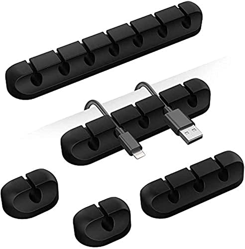 TviewSmart Cord Organizer for Desk, 5 Pack Cord Holders and Cable Clips | Black silicone cable clips self adhesive for nightstands and chargers, 7-5-3-1-1 slots fit USB and phone cords up to 6 mm