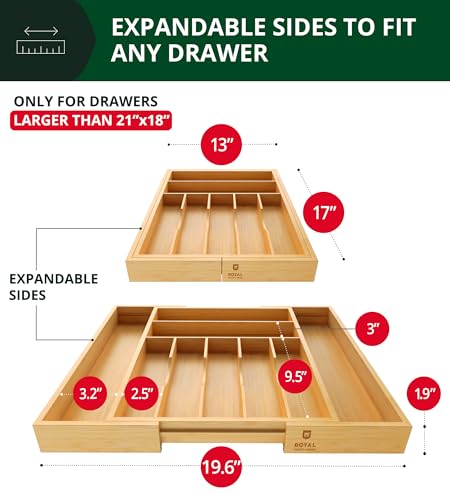 ROYAL CRAFT WOOD Luxury Bamboo Kitchen Drawer Organizer - Silverware Organizer, Utensil Holder & Cutlery Tray Drawer Dividers for Flatware (9 Slot, Natural)