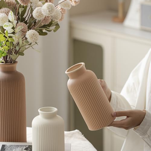 Large Modern Ceramic Vase Set, Coffee Ribbed Matte Design, 3-Piece Decorative Vases for Home, Living Room, Office (XL Coffee Mix)