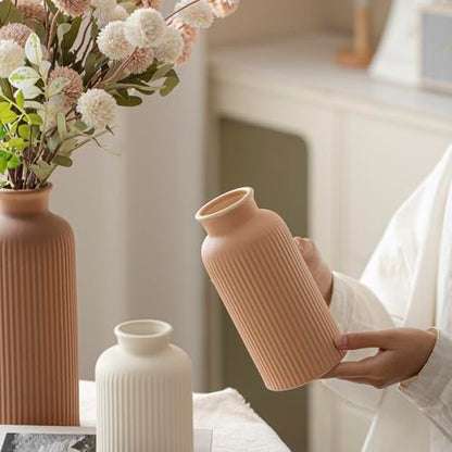Large Modern Ceramic Vase Set, Coffee Ribbed Matte Design, 3-Piece Decorative Vases for Home, Living Room, Office (XL Coffee Mix)
