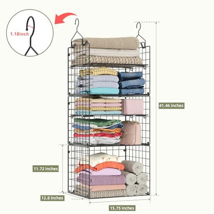 X-cosrack Closet Hanging Organizer Shelves - 5 Tier Wardrobe Organizers and Storage Bin, Hanging Organizer Shelves, Clothes Shelf with Adjustable Dividers for Bedroom Closet Sweater Shoes Handbag