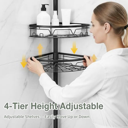 KEGII Corner Shower Caddy Tension Pole, Fan-Shaped Large Capacity Organizer | Towel Bar, Hooks and Razor Holder, Adjustable 52-114.2 inch Rustproof Steel Pole for No Drill Bathroom Storage