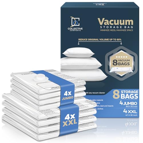 8 Pack Vacuum Storage Bags – 4 XXL & 4 Jumbo Vacuu... (8 Count | Transparent)