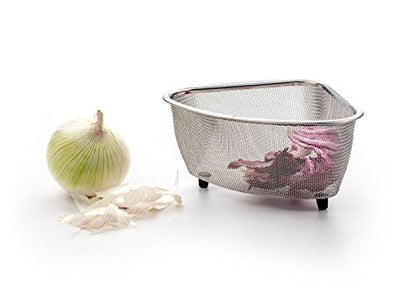 RSVP International Endurance® In-Sink Mesh Colander Strainer Basket, 3 Quart | Organize Sponges, Collect Food Scraps | Dishwasher Safe | Small Corner Basket | Steaming, Draining & Rinsing