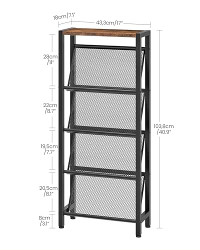 Shoe Rack, 5-Tier Slanted Shoe Rack, Narrow Shoe Storage Shelf, Slim Shoe Organizer for Entryway, Space-Saving, Wooden Top and Metal Frame, for Entryway, Hallway Rustic Brown and Black TXJ03BF