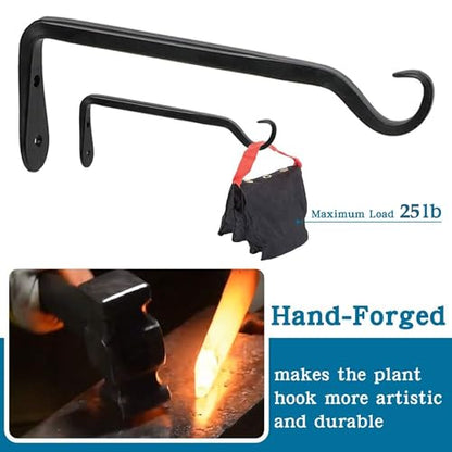 Worth 6-Pack 7" Plant Hanger Bracket, Forged Iron Black Hanging Hooks | Heavy Duty Wrought Hanging Plant Holder for Garden Fence, Wall Hooks for Bird Feeder, Indoor Outdoor Use