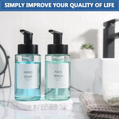 Foaming Soap Dispenser, 10 oz/300ml Foaming Hand Soap Dispenser, 2 Pack Glass Foaming Soap Dispenser for Bathroom Kitchen, Clear Refillable Foam Soap Dispenser Bottle with Waterproof Labels