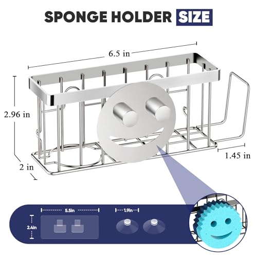 Sponge Holder for Kitchen Sink,Sink Caddy Smiley Face,4-in-1 Sponge Holder with Suction Cups & 1 PCS Adhesive Strips for Holding Soap,Brush,Scrubber,Sponge,Stopper-Silver
