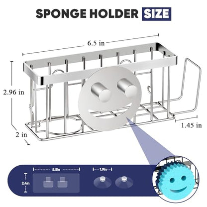 Sponge Holder for Kitchen Sink,Sink Caddy Smiley Face,4-in-1 Sponge Holder with Suction Cups & 1 PCS Adhesive Strips for Holding Soap,Brush,Scrubber,Sponge,Stopper-Silver