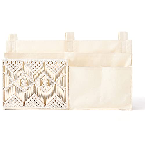 Mkono Bedside Caddy, Macrame Bunk Bed Hanging Organizer, 7 Pockets Ivory | Dorm Room Essentials, Boho Storage Bag, Remote Books Magazines Phone Snacks Drinks Holder, Bedroom Nursery Loft Baby Bed Rail