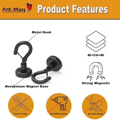 Ant Mag Magnetic Hooks Heavy Duty 22LBS Strong Magnet Snap Hooks 16 Pack | Great Hanging for Refrigerator, Cruise Cabin, Grill, Wreath, Kitchen, Office, No Drilling Secure Hold Black