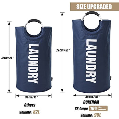 DOKEHOM 90L Large Laundry Basket Bag, Collapsible Tall Hamper, Dark Blue | Freestanding tall washing bin & foldable laundry bag. High-capacity clothes storage basket with durable sturdy handles