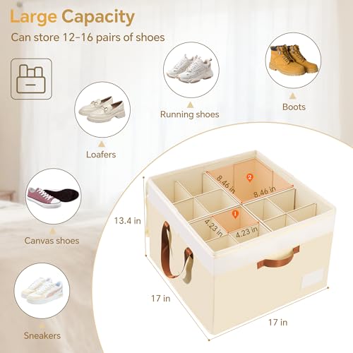 Shoe Organizer for Closet, 2 Pack Foldable Shoe Storage Organizer Box Bin with Adjustable Dividers and Clear Cover, Closet Shoe Storage for Sneakers Sandals Boots, Fit 16-32 Pairs, Beige