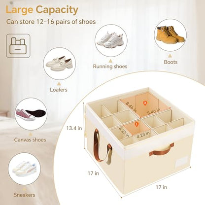 Shoe Organizer for Closet, 2 Pack Foldable Shoe Storage Organizer Box Bin with Adjustable Dividers and Clear Cover, Closet Shoe Storage for Sneakers Sandals Boots, Fit 16-32 Pairs, Beige