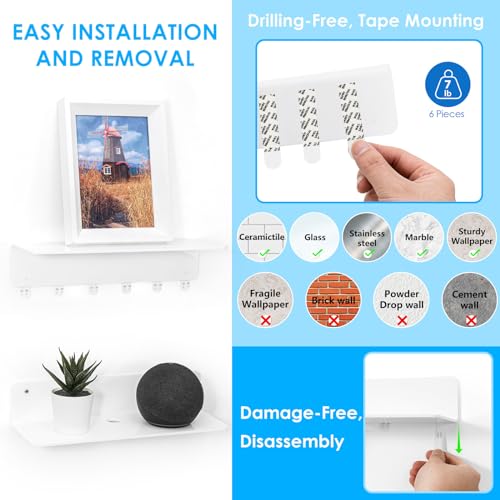 White Acrylic Floating Shelves Set of 2 - Damage Free Expand Wall Space - 12 Inch Wall Shelves with Strong Adhesive for Bathroom, Bedroom, etc