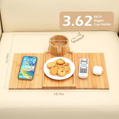 Couch Cup Holder Tray, 3 in 1 Couch Arm Trays,Large Bamboo Chair Arm Rest Tray with 360° Cup Holder,Removable Anti-Slip Organizer for Snack Eating