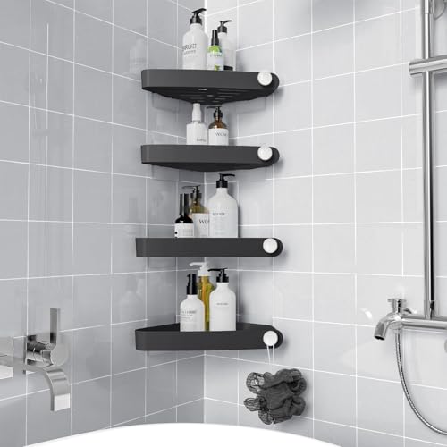 Plastic Shower Caddy Corner (for 90° Only), 4 Pack, Black | Adhesive Corner Shower Shelves for Smooth Wall Bathroom Organizers and Storage, Bathroom Decor