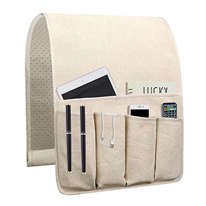 Remote Control Holders for Armchairs, Couch Caddy, Featuring Non-Slip Bases | 5 Pockets Bedside Storage Pocket for TV Remote Holder, Phone Tablet Kindle, Magazines, Gifts for Seniors (Beige, 35"X12.4")