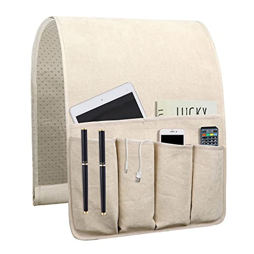 Remote Control Holders for Armchairs, Couch Caddy, Featuring Non-Slip Bases | 5 Pockets Bedside Storage Pocket for TV Remote Holder, Phone Tablet Kindle, Magazines, Gifts for Seniors (Beige, 35"X12.4")