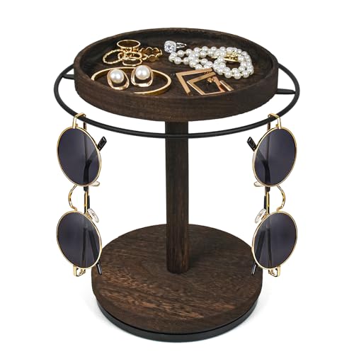 Sunglasses Organizer 360° Rotating Eyeglass Holder Stand with Wood Tray and Base, Eye Glass Display Rack for Multiple Sunglass Storage for Table Dresser Nightstand Desk