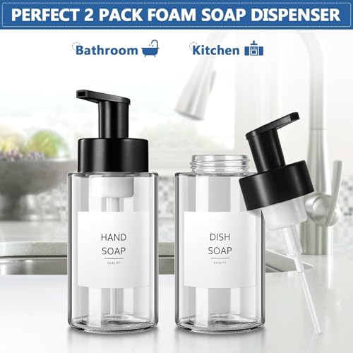 Foaming Soap Dispenser, 10 oz/300ml Foaming Hand Soap Dispenser, 2 Pack Glass Foaming Soap Dispenser for Bathroom Kitchen, Clear Refillable Foam Soap Dispenser Bottle with Waterproof Labels
