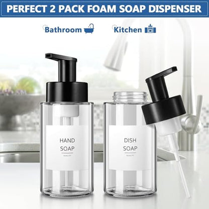 Foaming Soap Dispenser, 10 oz/300ml Foaming Hand Soap Dispenser, 2 Pack Glass Foaming Soap Dispenser for Bathroom Kitchen, Clear Refillable Foam Soap Dispenser Bottle with Waterproof Labels