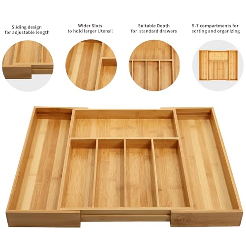VaeFae Bamboo Drawer Organizer, Large, Natural | Expandable Silverware Organizer, Kitchen Utensil Storage, Wooden Cutlery Tray with Dividers, Fork and Spoon Holder