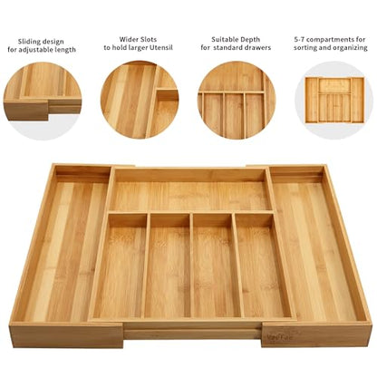VaeFae Bamboo Drawer Organizer, Large, Natural | Expandable Silverware Organizer, Kitchen Utensil Storage, Wooden Cutlery Tray with Dividers, Fork and Spoon Holder