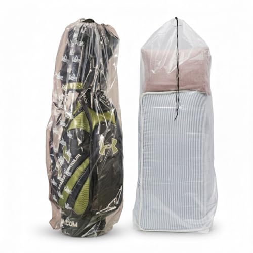 2 PCs/pack Drawstring Plastic Dust Cover Bags,Transparent Storage Bags with multi-purpose for Home Organization, suitable for luggage, blanket, big doll, duvet and reusable (Golf Bag & Mattress Bag)