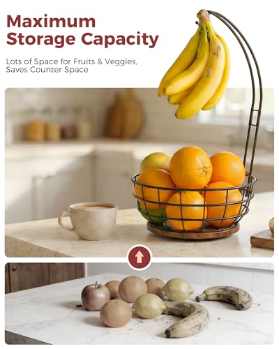 360° Rotating Fruit Bowl for Kitchen Counter with Banana Holder | Stable Metal Basket with Wooden Lazy Susan Base, Upgraded Banana Hanger Prevents Bruising, Ideal for Fruits, Bananas & Snacks