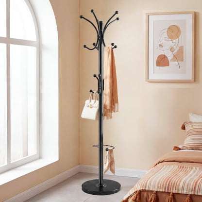 Marble Base Coat Rack Freestanding, 360° Rotary 16 Hooks Black | Heavy Duty Standing Coat Rack with Umbrella Holder, Larger 13.78" Base for Entryway Bedroom Office Living Room