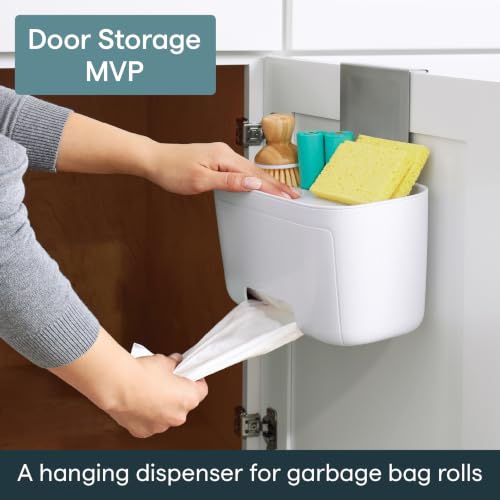 YouCopia DoorStash Garbage Bag Dispenser, Hanging Kitchen Cabinet Door Trash Bag Organizer with Removable Lid for Storage, Speckled White