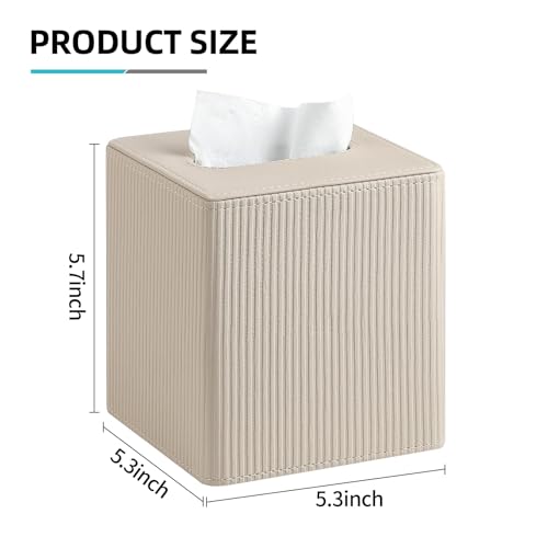 PU Leather Square Tissue Box Cover Tissue Box Holder Cube (Beige) | Magnetic Bottom, Soft Velvet Lining, Decorative Modern Design, Aesthetic Stripes, For Bathroom