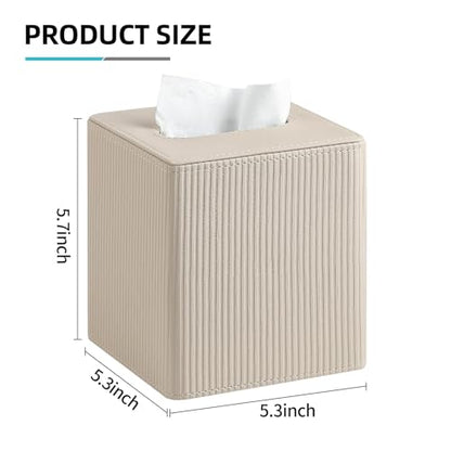 PU Leather Square Tissue Box Cover Tissue Box Holder Cube (Beige) | Magnetic Bottom, Soft Velvet Lining, Decorative Modern Design, Aesthetic Stripes, For Bathroom