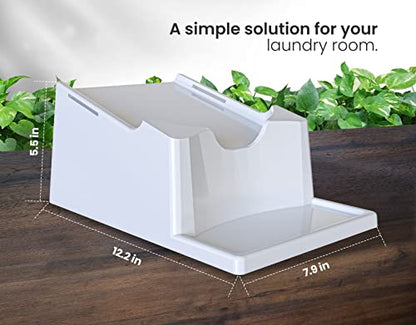 Liquid Laundry Detergent Holder Stand with Drip Tray - 1 Pack - White | Easy Pouring, Rubber Feet, Secure Strap, Angled Stand, Fabric Softener Dispenser for Laundry Room Organization & Storage