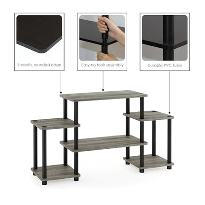 Furinno Turn-N-Tube No Tools Entertainment Center, Round Square Corner, French Oak Grey/Black | Raised Top, Open Shelves TV Console with for TV up to 32 Inch, for Living Room, Bedroom