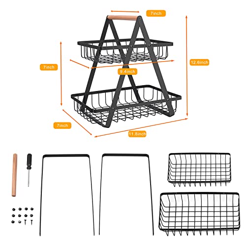 mahueeol 2-Tier Metal Fruit Basket for Kitchen Counter with Wooden Handle | Detachable rectangular baskets hold fruits, vegetables, bread and snacks; use stacked or separately in kitchens and pantries