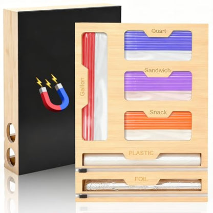 6-in-1 Magnetic Food Bag Storage Organizer for Drawer and Refrigerator, Bamboo Bag Organizer and Plastic Wrap Dispenser with Cutter, Fits Gallon, Quart, Sandwich, Snack Bags